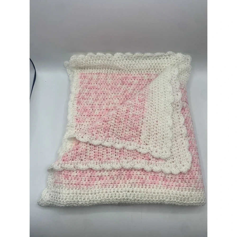 Handmade Crochet Baby Blanket Pink White Scalloped Border Soft Knit Nursery
